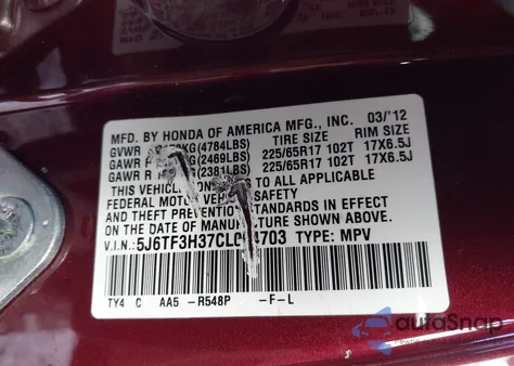 2012 Honda Crosstour 2.4 Ex из США, поврежденный, VIN 5J6TF3H37CL004703